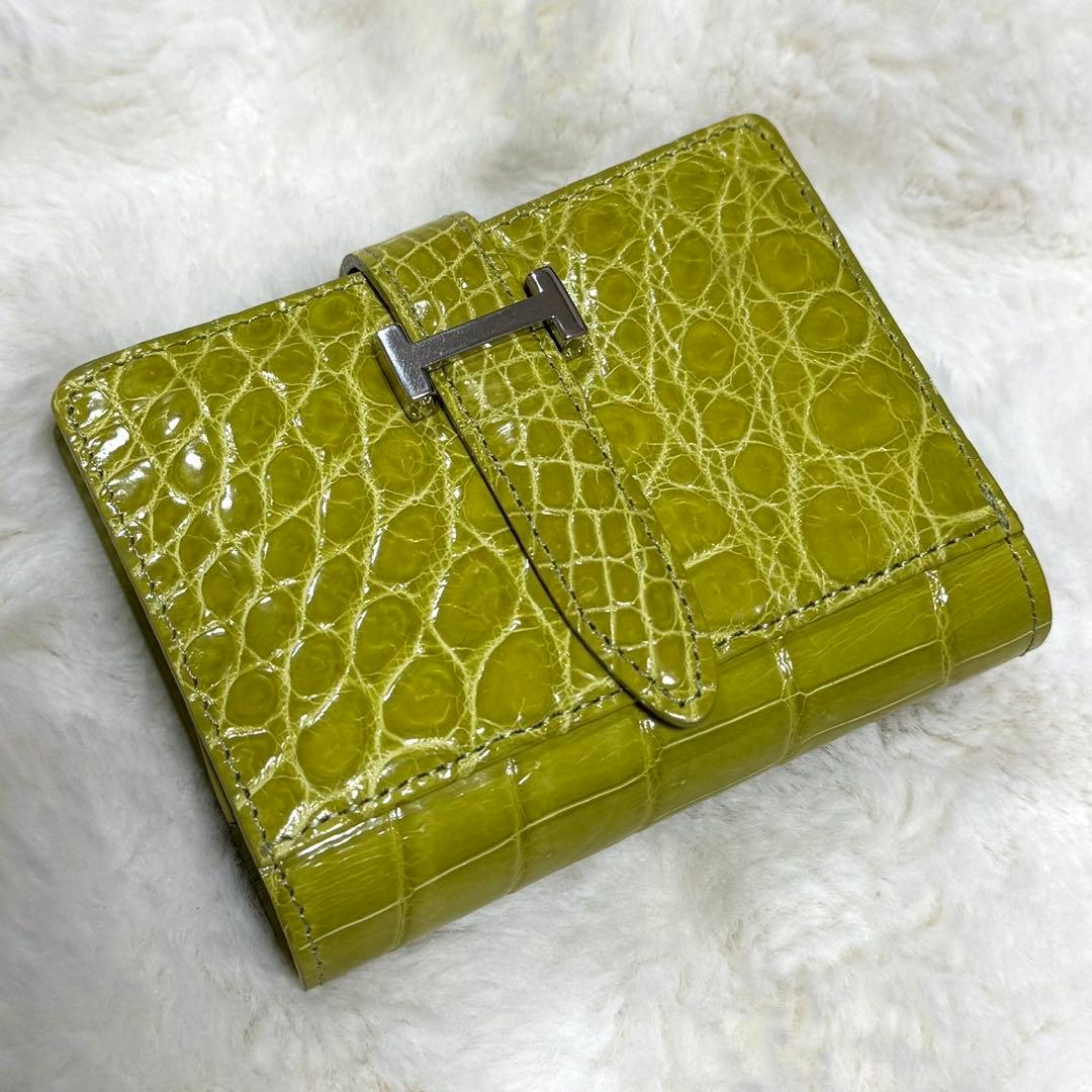 リアルクロコダイル革 シャイニング ライトグリーン H金具折り財布 鰐革 ワニ