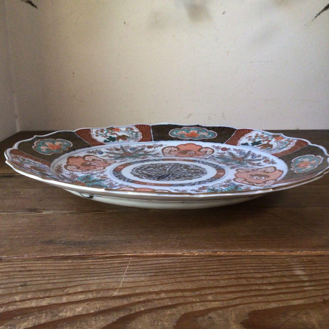 No4177古伊万里　赤絵金彩花鳥文　輪花大皿　直径40.5cm 飾皿　送料無料