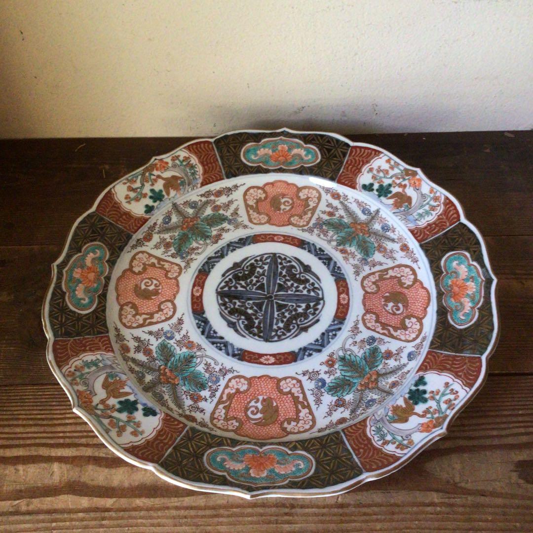 No4177古伊万里　赤絵金彩花鳥文　輪花大皿　直径40.5cm 飾皿　送料無料