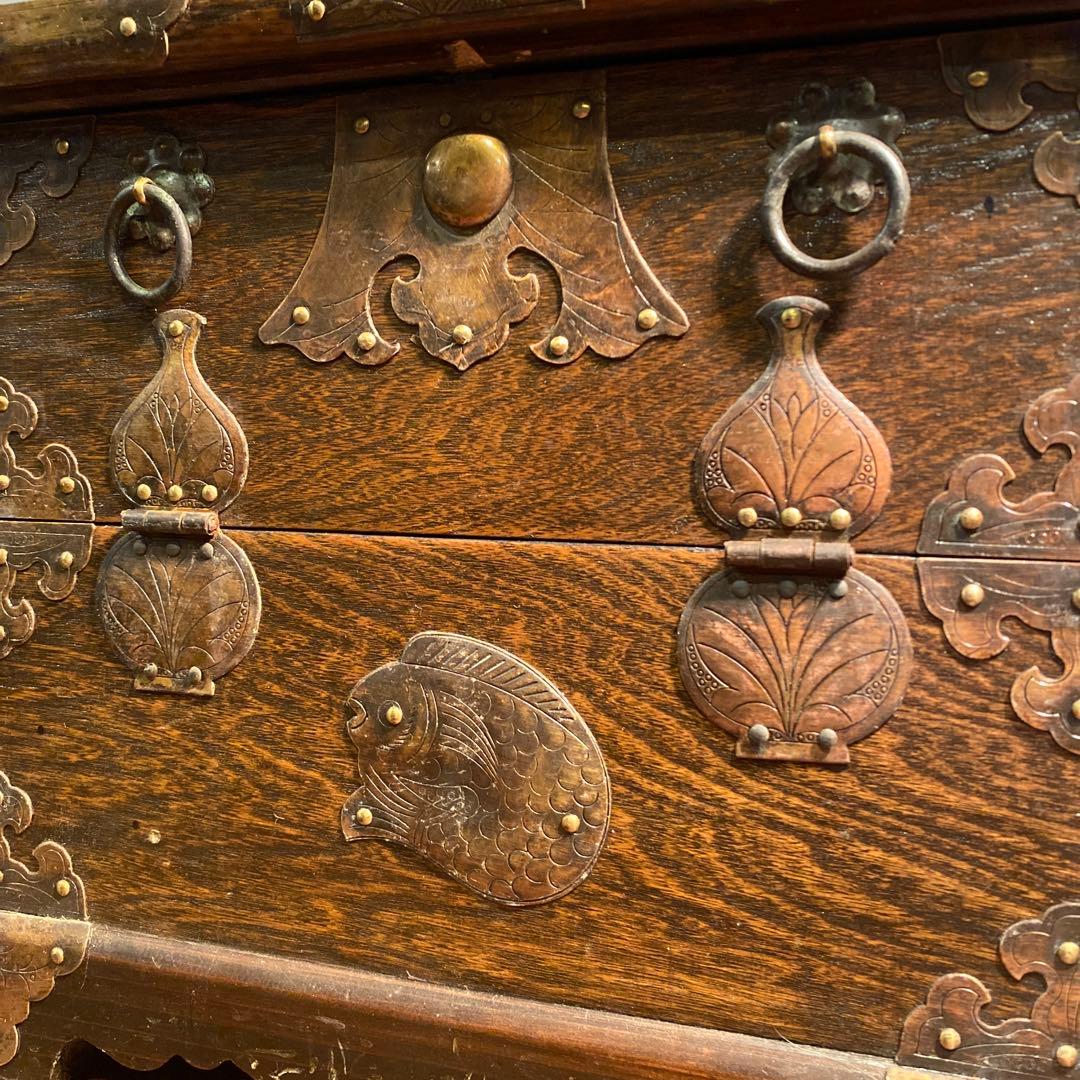 時代物 李朝箪笥 バンダジ 骨董品 飾り台 時代金具 木製チェスト 金庫