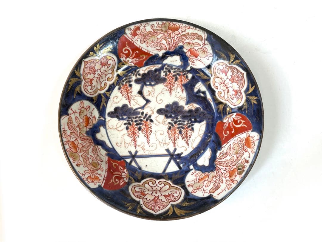 骨董　アンティーク　古伊万里　輸出伊万里　藤文様　藤棚　金襴手　色絵　丸皿　皿