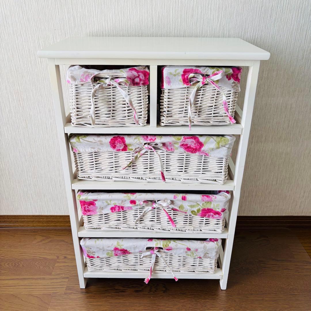 花柄バスケット付き収納ラック 4段 ホワイト 籐ラタン チェスト 北欧 送料込み