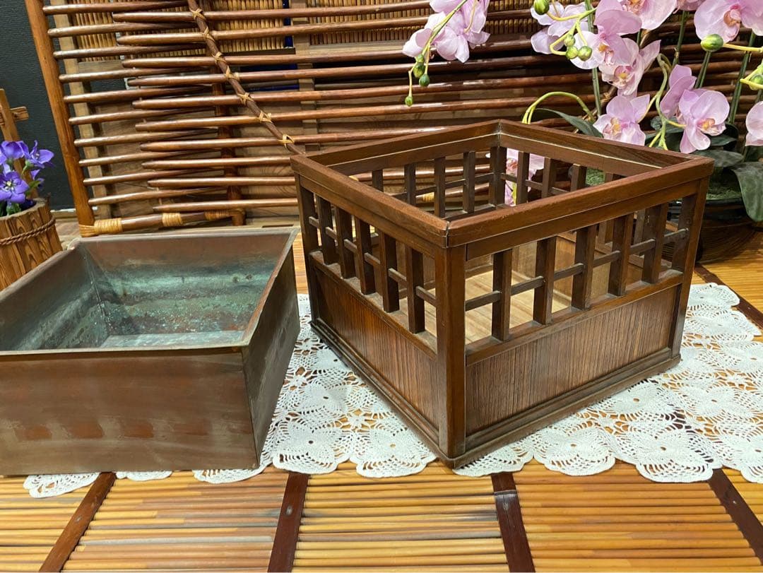 時代物 銅炉 唐木格子角火鉢 火道具 昭和レトロ 当時物 年代物 インテリア