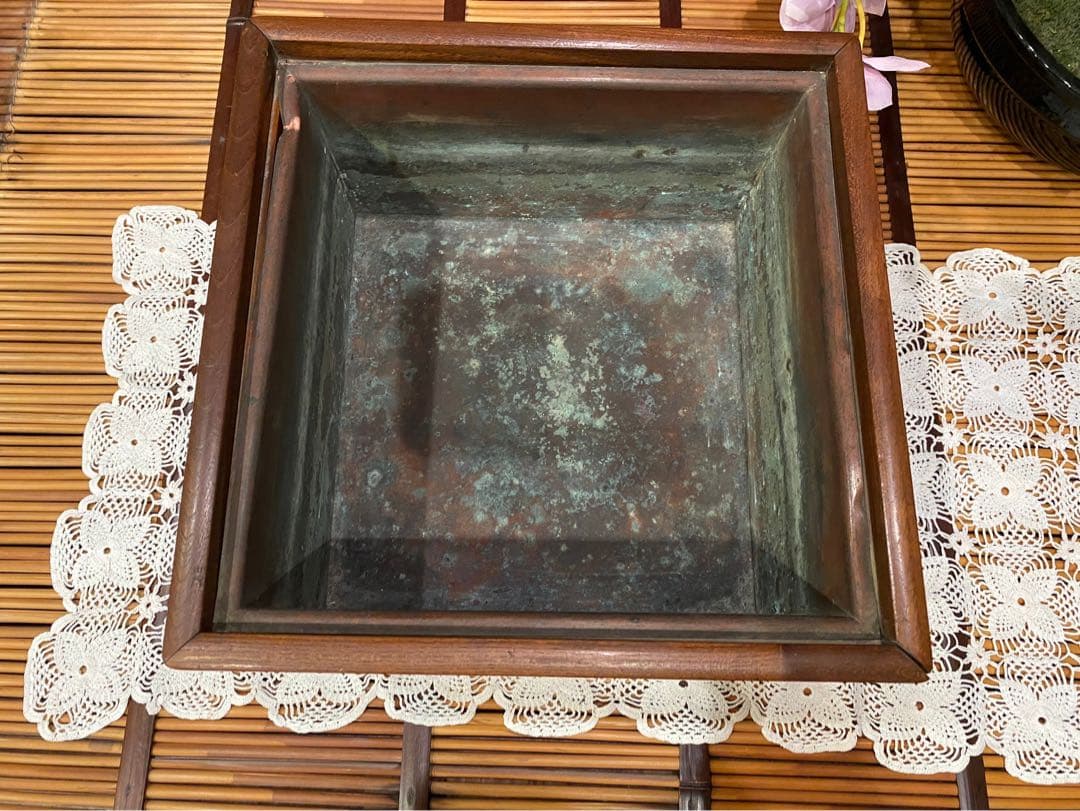 時代物 銅炉 唐木格子角火鉢 火道具 昭和レトロ 当時物 年代物 インテリア