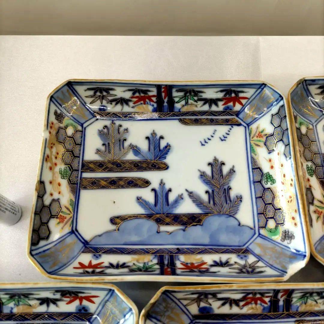 骨董　有田焼　伊万里焼　古伊万里　金彩　色絵　小皿　長角皿　角皿　5客セット