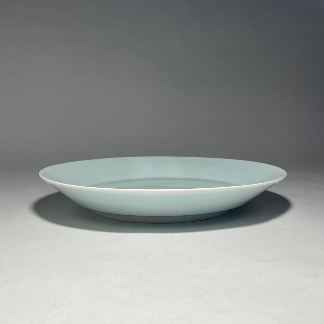 ◆名品 人間国宝 塚本快示 快山窯 青白磁鷺草文皿 共箱・共布付き◆