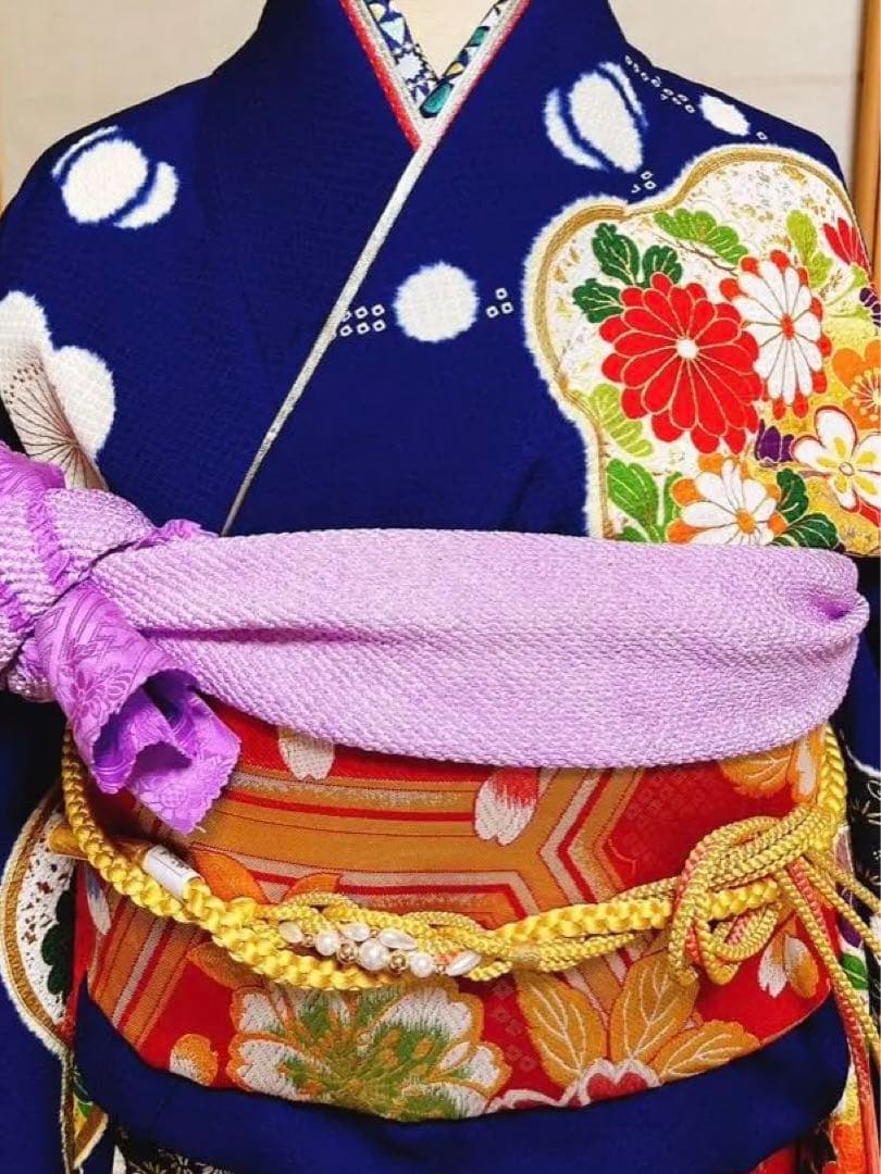 振袖セット　成人式　結納　袋帯　紺　赤　正絹　モダン