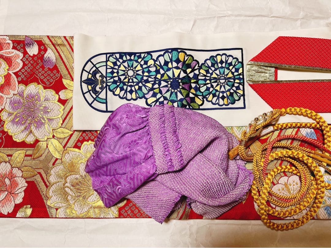 振袖セット　成人式　結納　袋帯　紺　赤　正絹　モダン