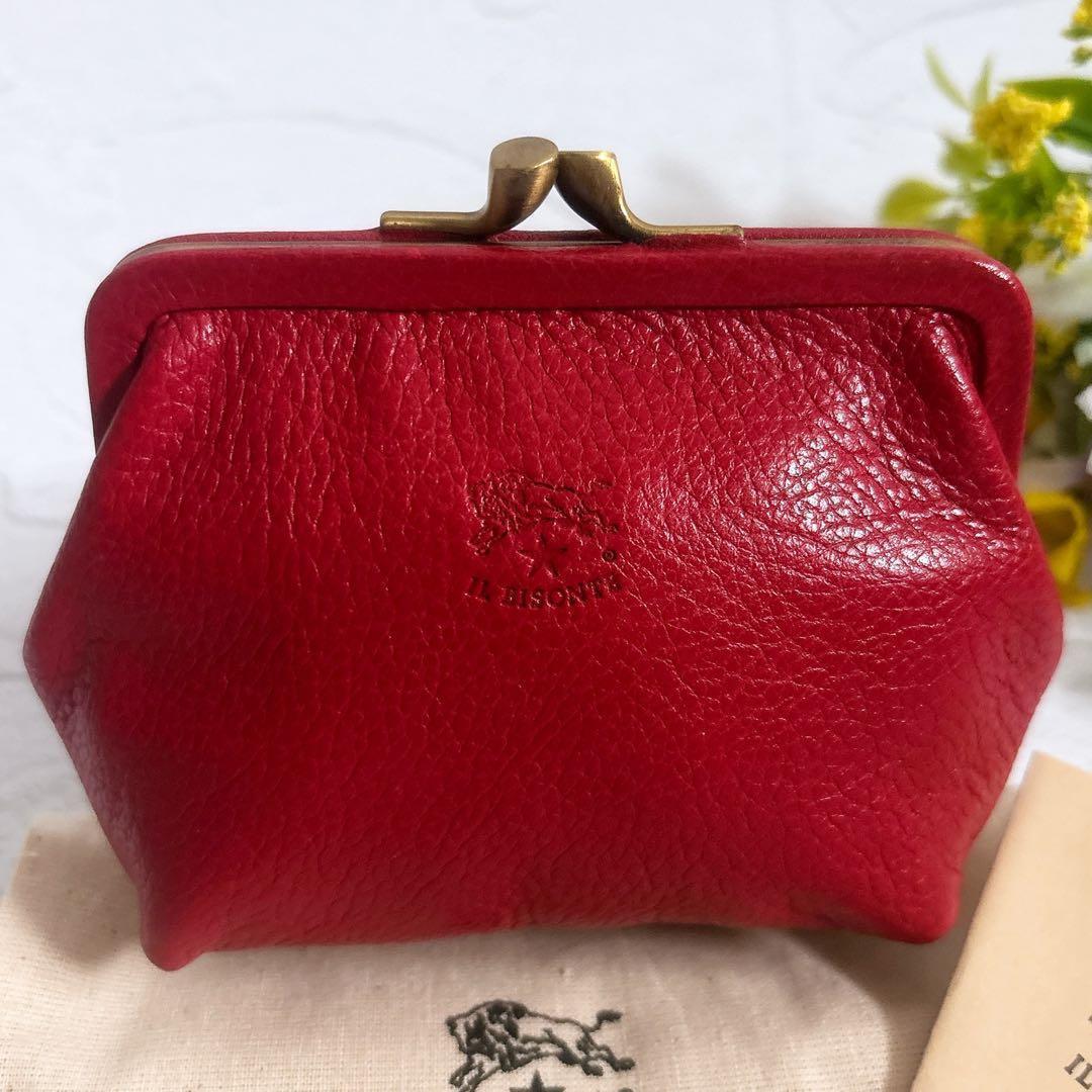 《美品》IL BISONTE レザー がま口 ケース 小銭入れ 赤 保存袋