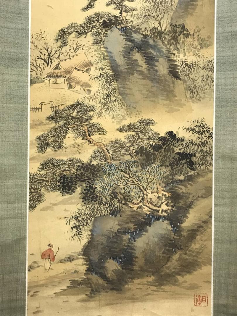真作/山田秋坪/山水図/山屋訪友/山水人物図/掛軸☆宝船☆AH-691