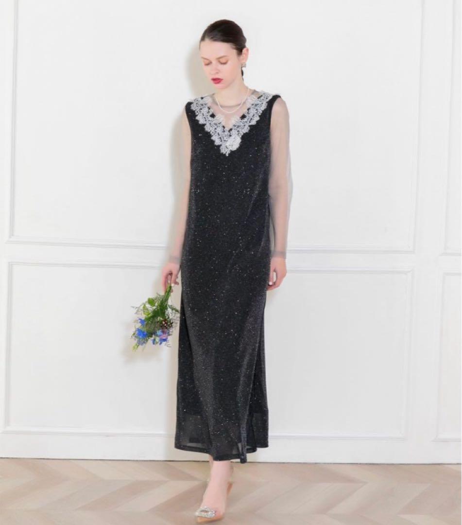 LEJA レースネック透け袖 スリットキラキラロングドレスワンピース FREE