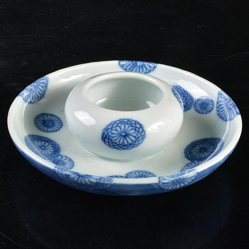 三川内焼　平戸焼　染付　菊文　盃基　盃台　時代箱付　M　R5994