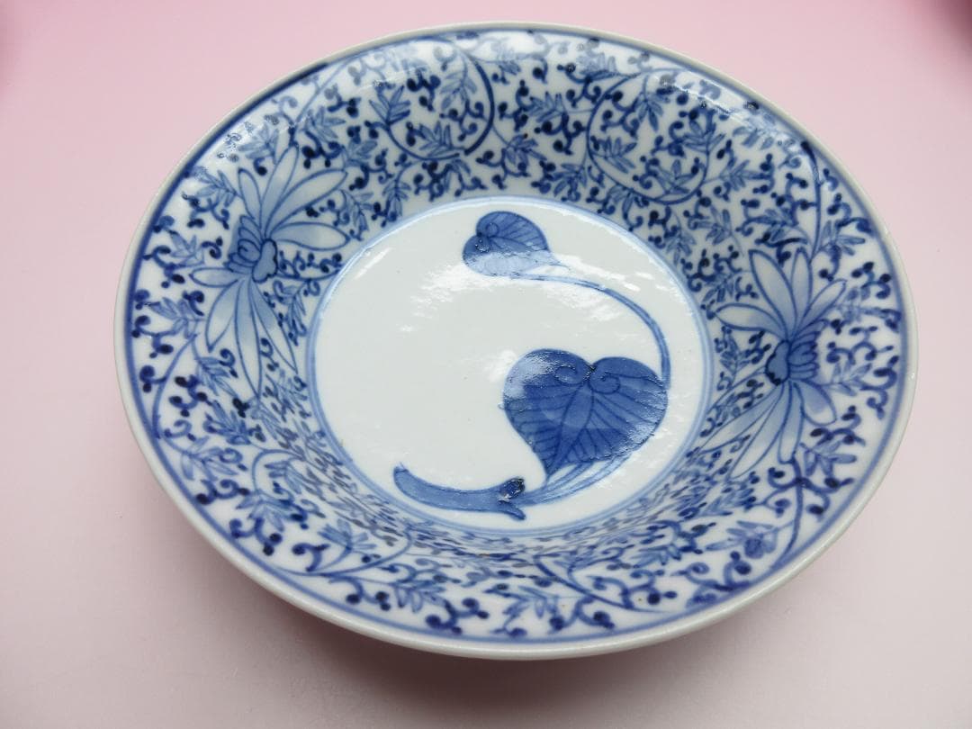 アンティーク 染付 渦福 花唐草 向付 4客 セット 60420