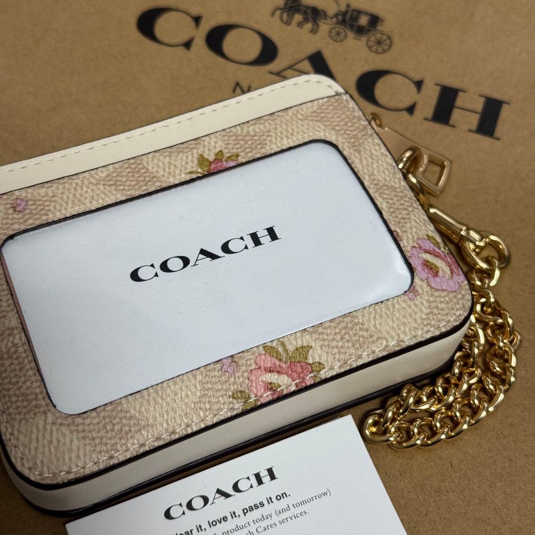 新品 COACH 小銭入れ 定期入れ 財布 ホワイト ピンク フラワー 花柄