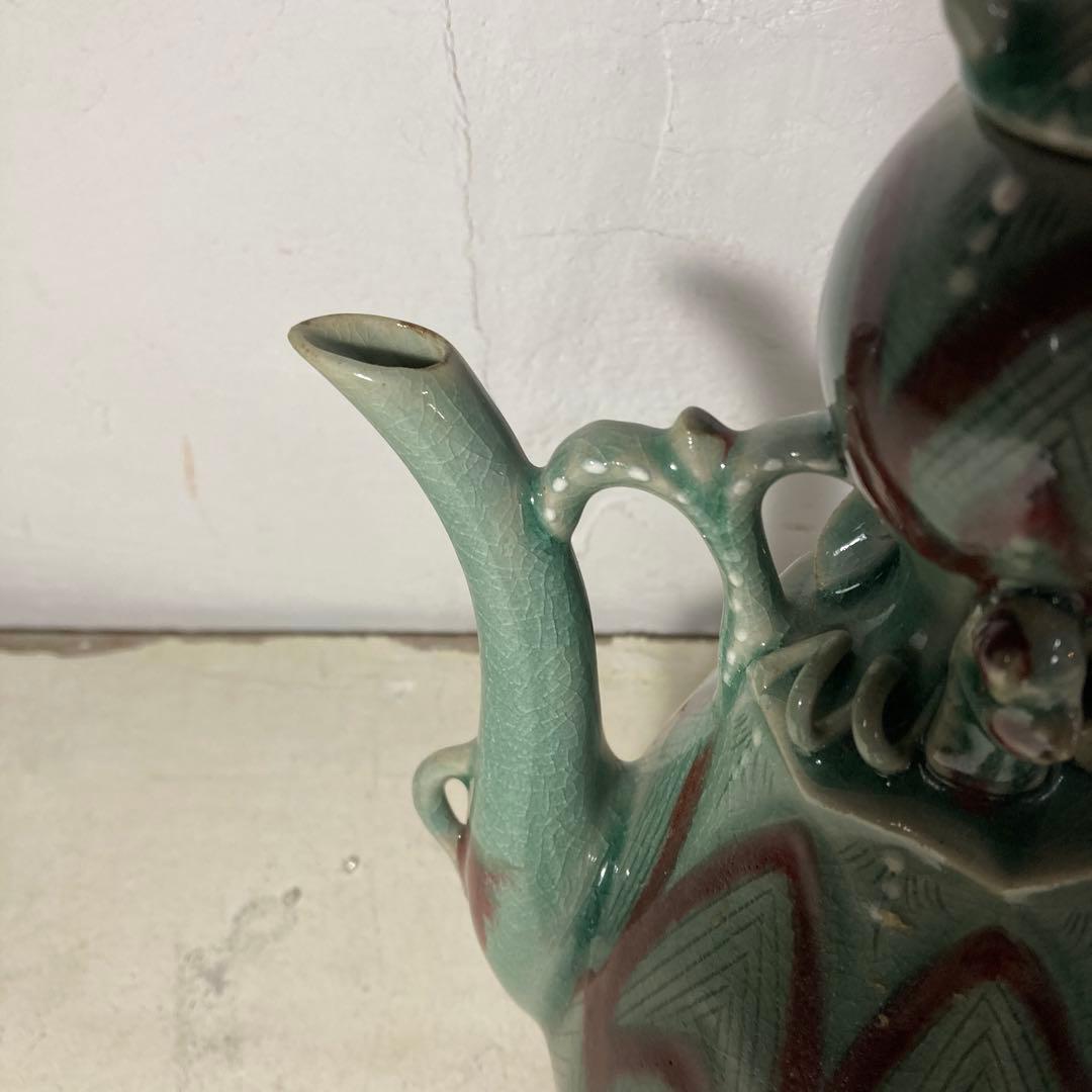 海東李朝 安昌福作 高麗青磁 水注 水差し 蓮の葉 蛙