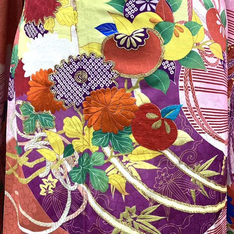 506aj51着物のみ■アンティーク振袖 金駒刺繍 刺繍 橘 ジュニアにも■良好