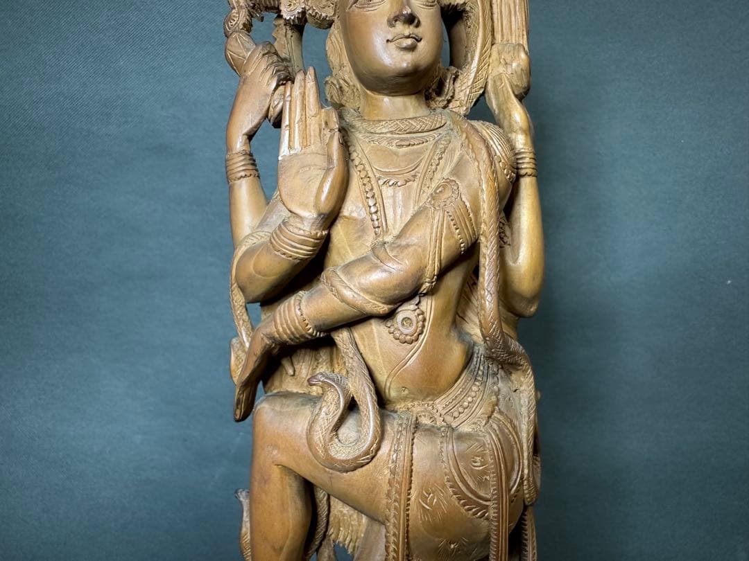 インド　白檀　木彫り　弁財天　仏教美術　仏像 骨董 木像　木製　仏教　置物