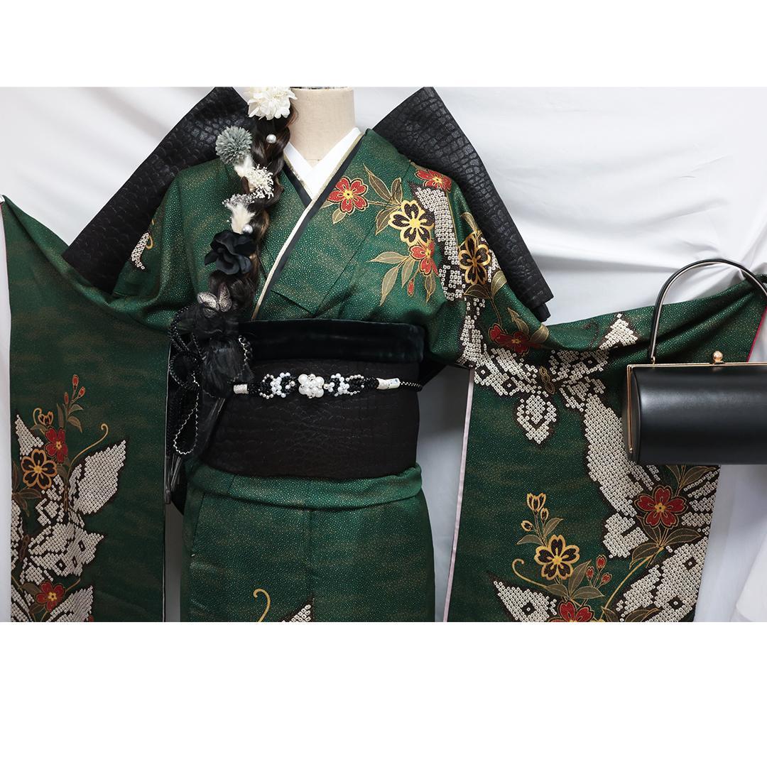 人気色深緑！◆ 振袖6点セット ◆帯帯締め小物付成人式前撮りフルセット20As
