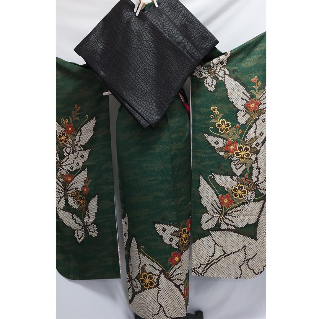 人気色深緑！◆ 振袖6点セット ◆帯帯締め小物付成人式前撮りフルセット20As