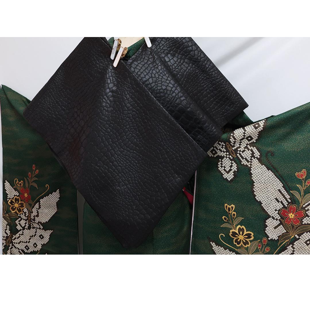 人気色深緑！◆ 振袖6点セット ◆帯帯締め小物付成人式前撮りフルセット20As