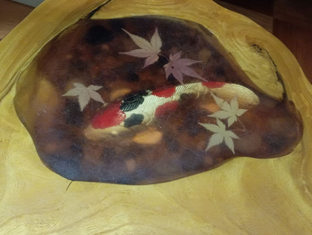 昭和レトロ 木製座卓 天然木 一枚板 センターテーブル 花台 鯉と紅葉のデザイン