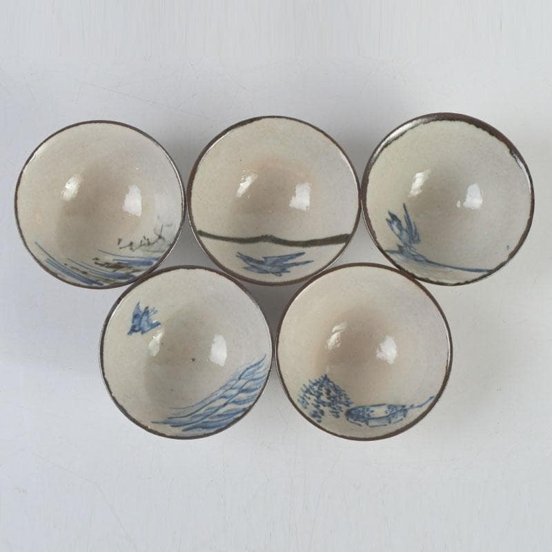 京焼　平安陶工　清水七兵衛造　染付　草鳥文　ぐい呑　盃　五客　共箱　V　9234