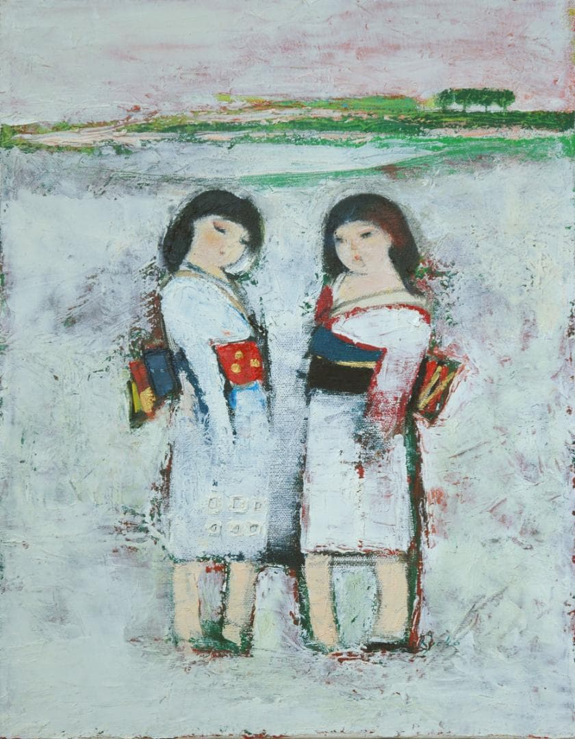 油絵 菅家令子 絵 絵画インテリア額付(黒) uF6-071402 雪国の女の子