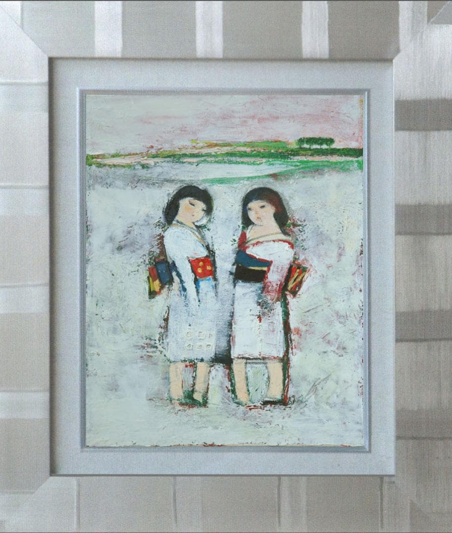 油絵 菅家令子 絵 絵画インテリア額付(黒) uF6-071402 雪国の女の子