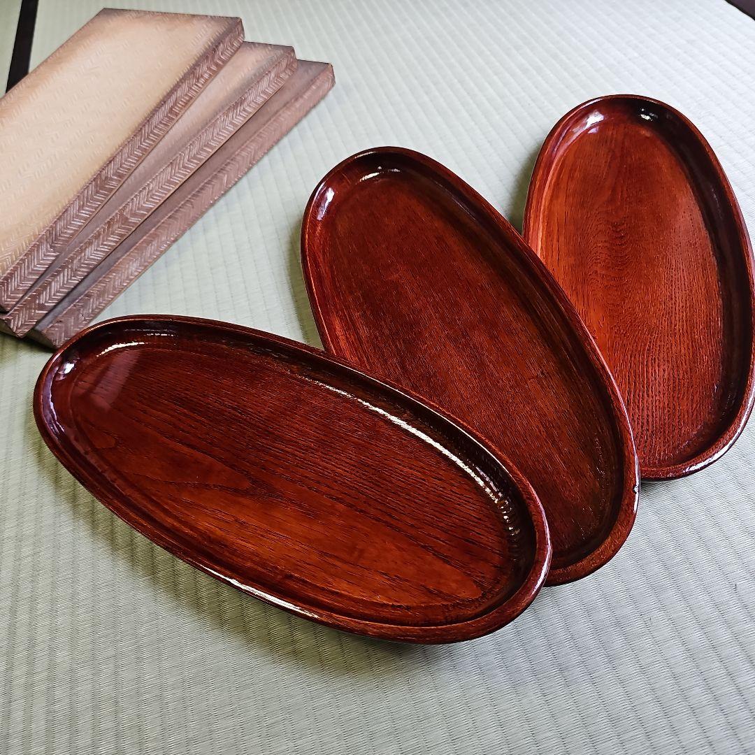 昭和レトロ/1950年代物】漆塗りお盆 天然木製品トレー 茶色 前菜盆3客セット