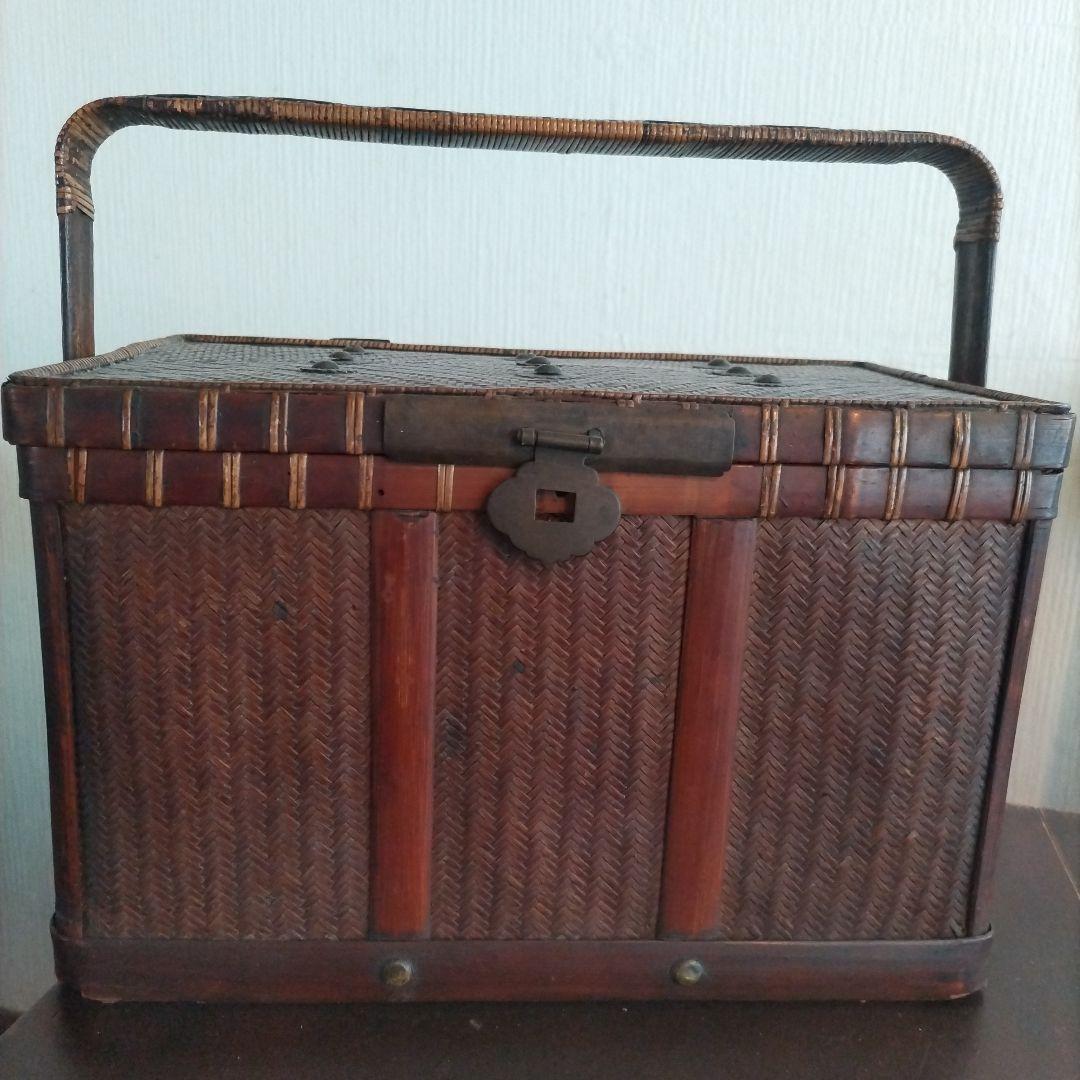 時代物 中国 持ち手付 籠 茶箱 茶道具 提籃 アンティーク