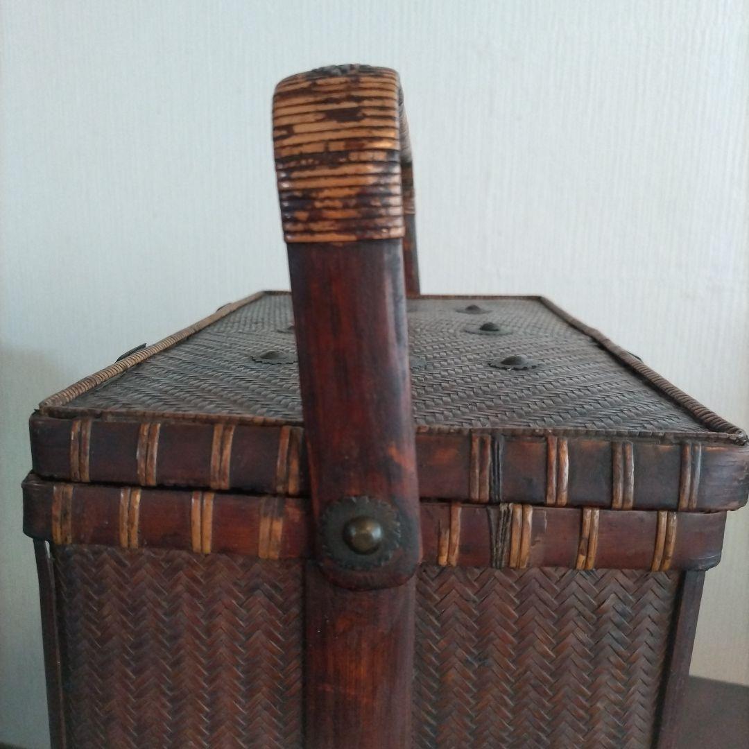 時代物 中国 持ち手付 籠 茶箱 茶道具 提籃 アンティーク