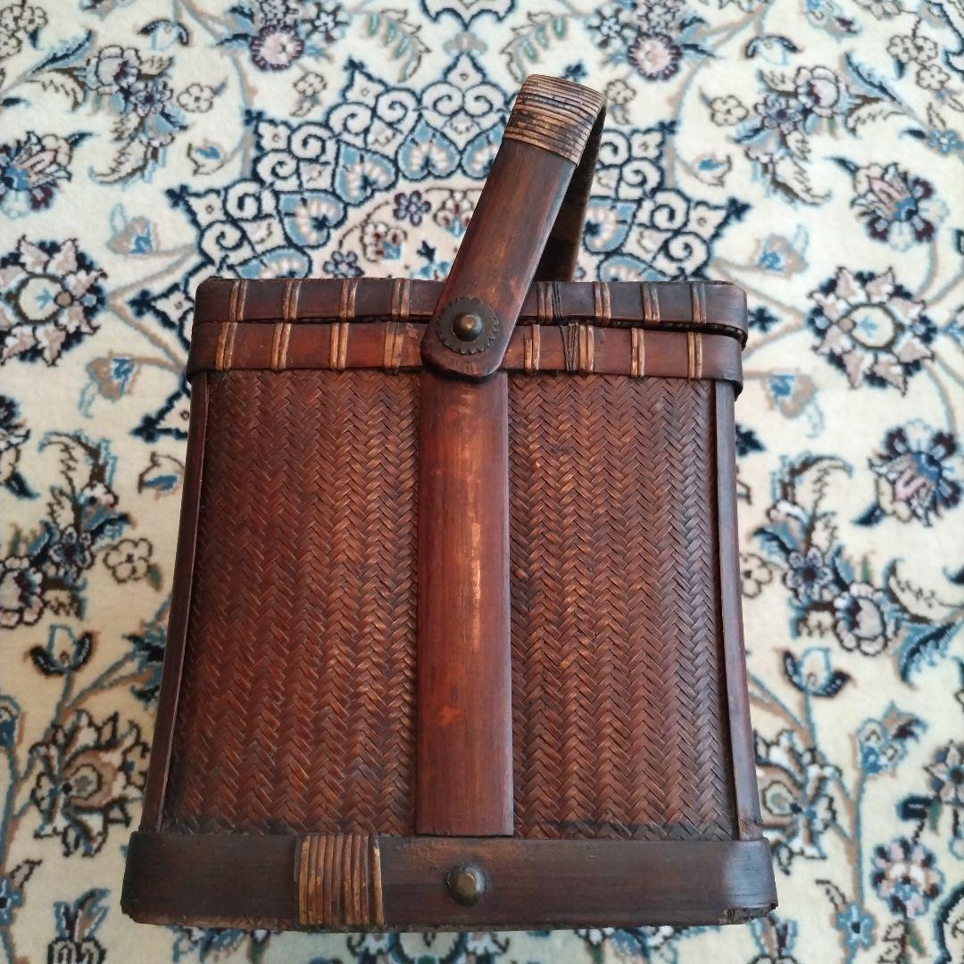 時代物 中国 持ち手付 籠 茶箱 茶道具 提籃 アンティーク