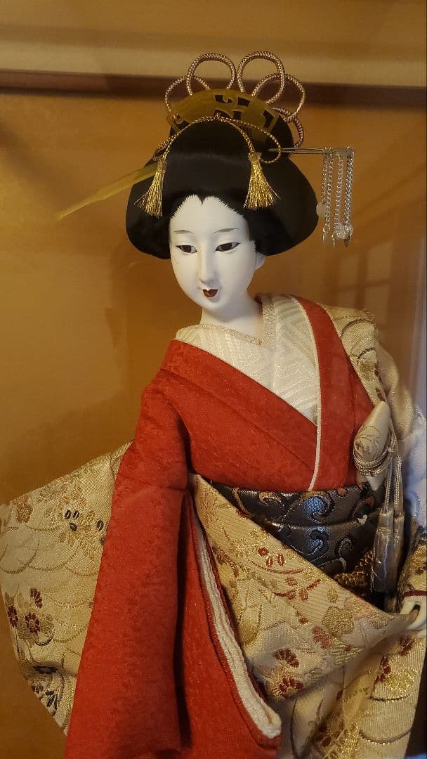 日本人形 舞妓 芸者 伝統工芸品 松寿 絹の着物 扇子 高さ50cm