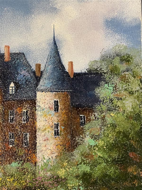 「模写」西村龍介『水辺の城 』風景画　油彩画　額装　サイン有り　F6号