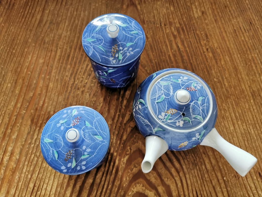 有田焼 萬右衛門 秋草手描き 蓋付きペア夫婦湯呑茶碗＆急須 茶器セット