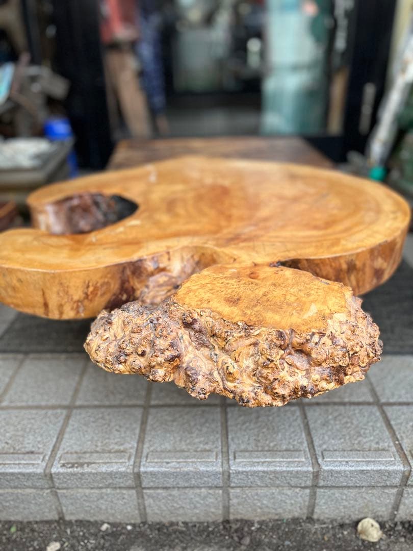 切り株座卓、木株座卓、ゴブのテーブル、鑑賞台、飾り台、タイヤ付き座卓