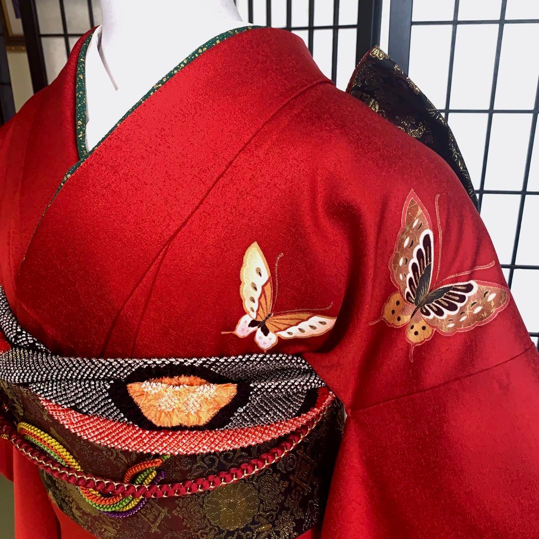 m*k様 【大特価】振袖　6点セット　蝶柄　花車　友禅　身丈166cm 朱赤系