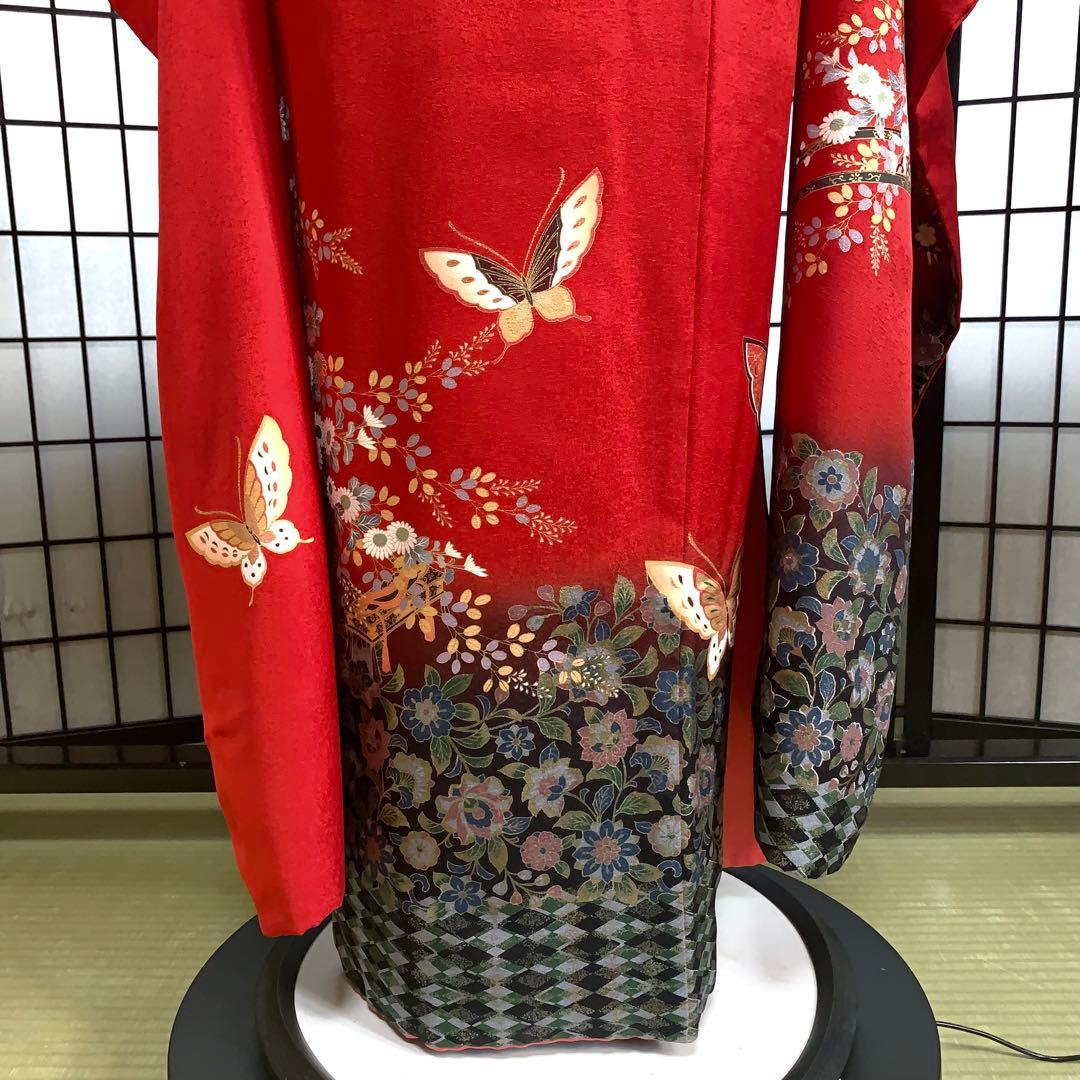 m*k様 【大特価】振袖　6点セット　蝶柄　花車　友禅　身丈166cm 朱赤系