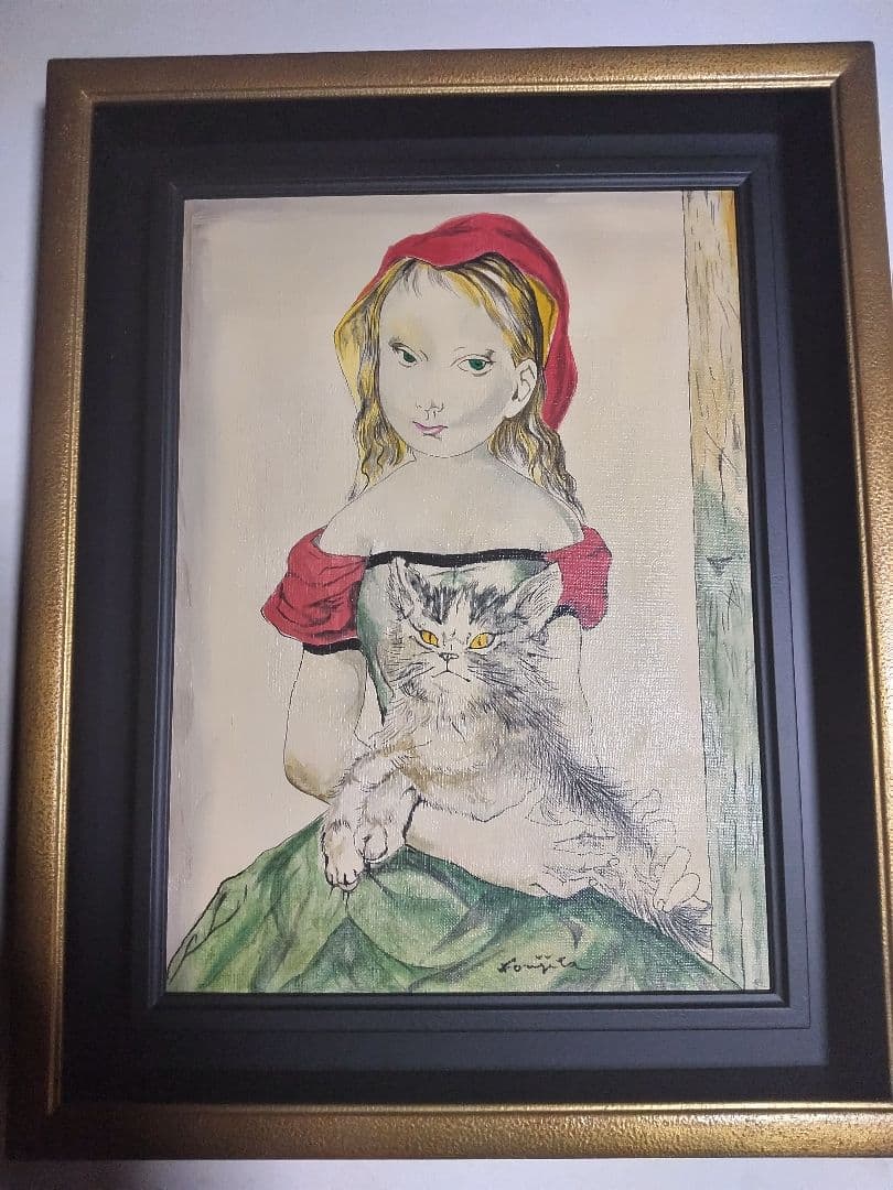 藤田嗣治、絵画、油彩４号、猫を抱く少女、肉筆、新品額縁、鴨居玲、宮永岳彦。
