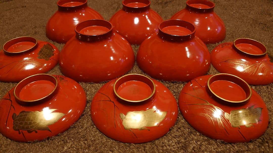 輪島塗　漆器　金蒔絵　蒔絵　蓋椀　亀の図　人間国宝　５客