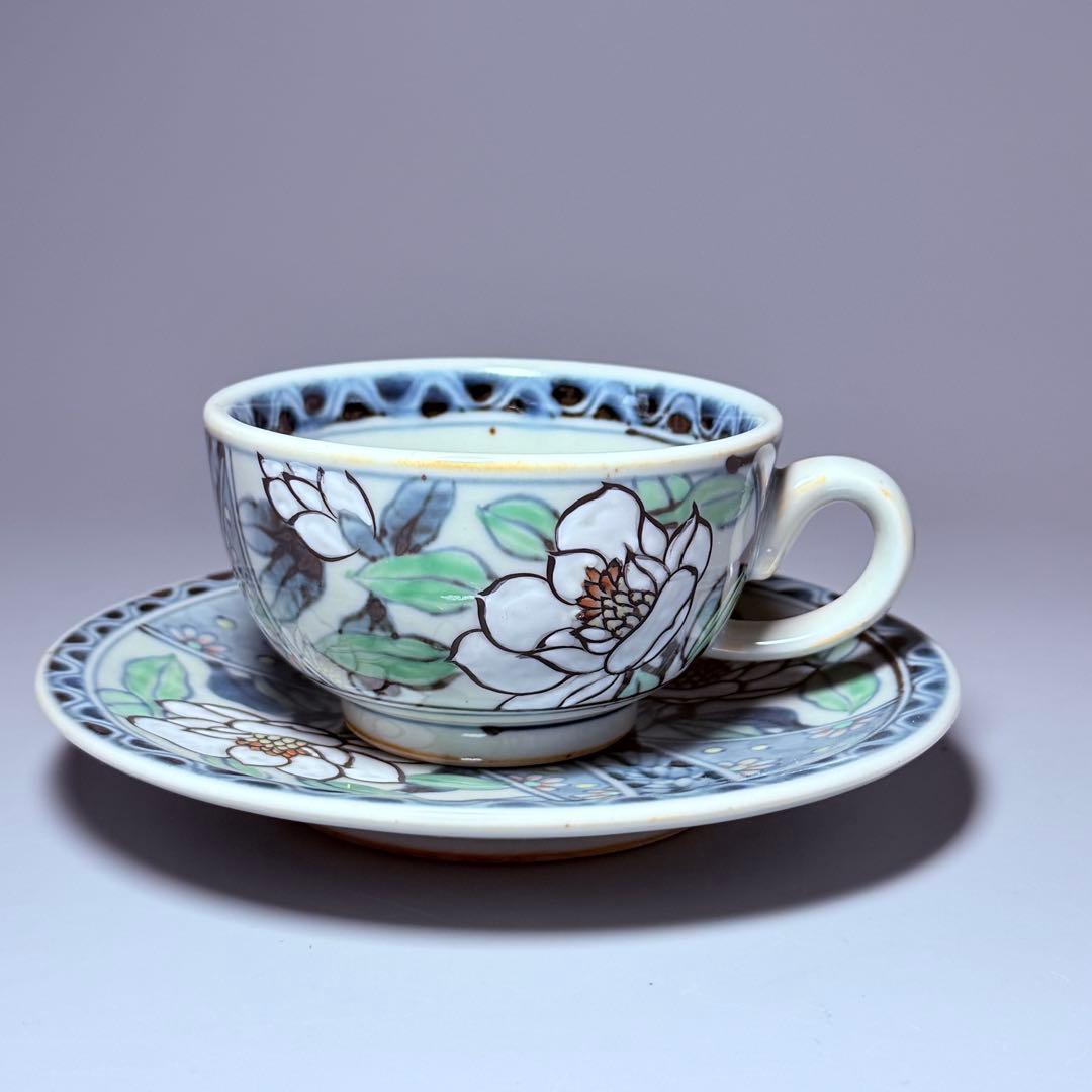 五代　佐藤走波　七十五才　染錦木蓮文カップ＆ソーサー　コレクター放出品