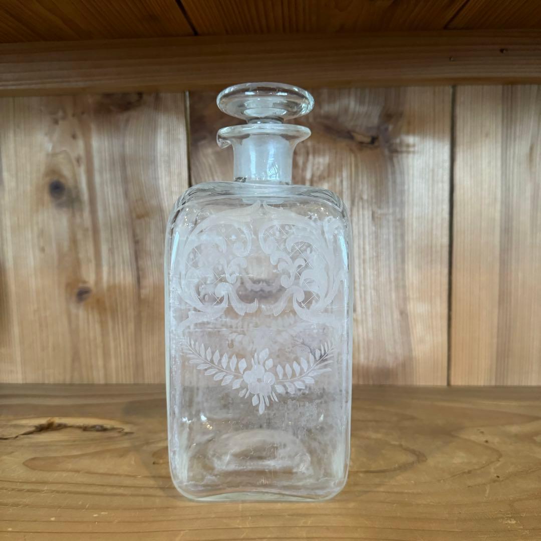19世紀 フランス ガラス角瓶 硝子 グラビュール 民芸 アンティーク 古道具