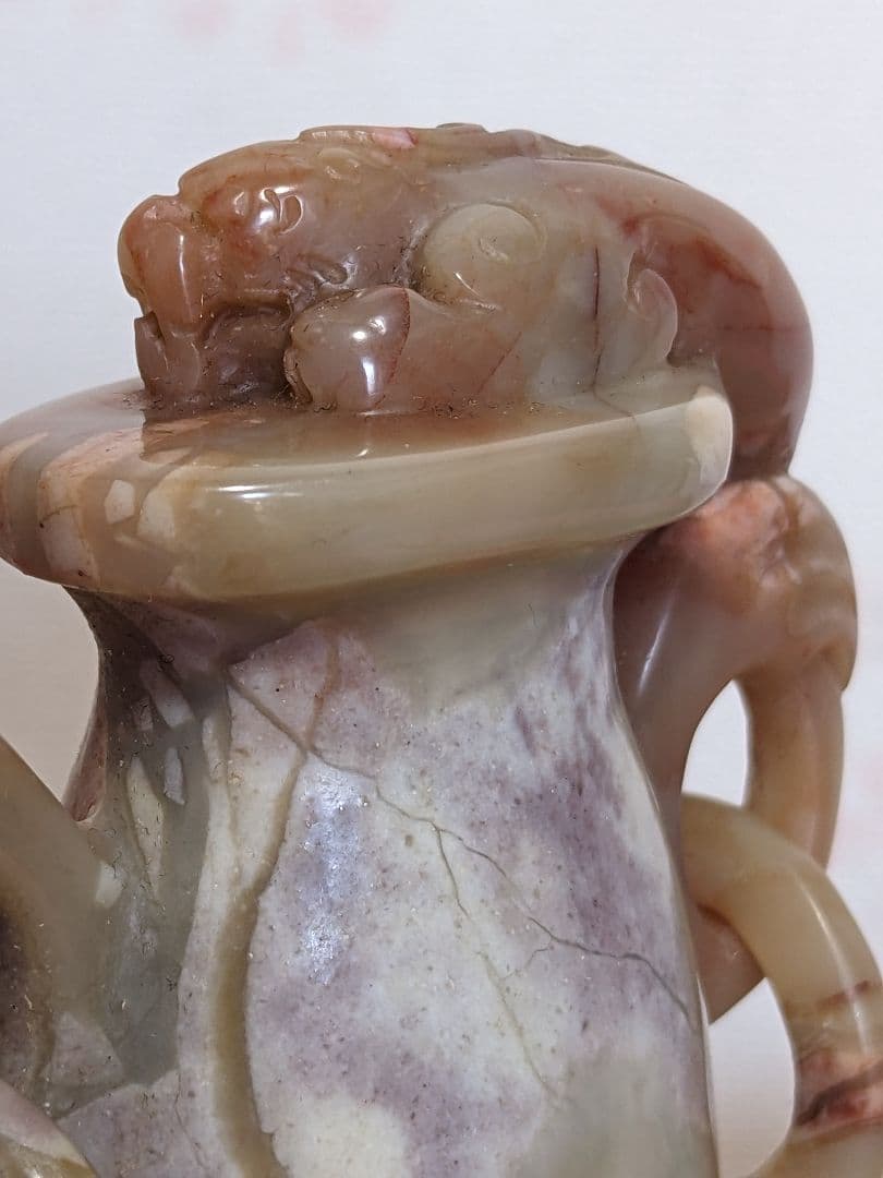 ⭐中国 最上級 巴林石 神獣 自在遊環双耳壺形 玉器 置物飾り 玉石文化 骨董品