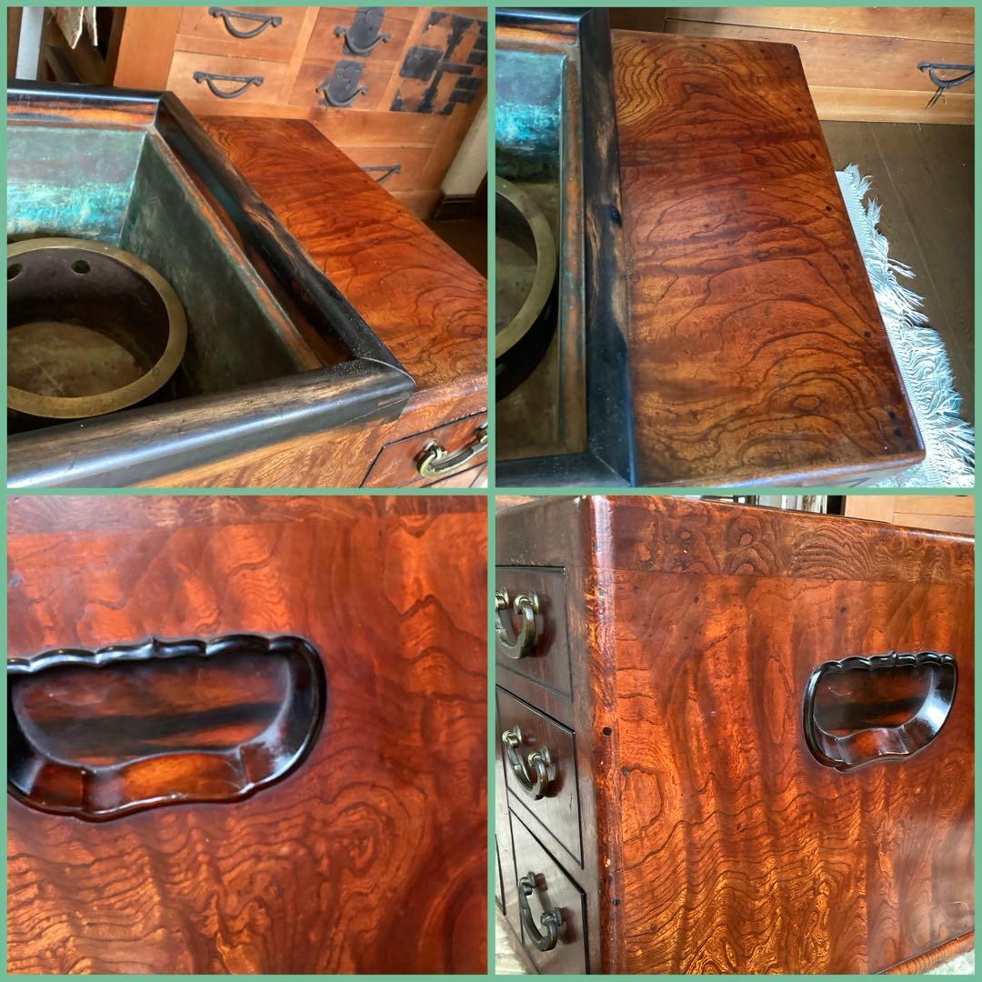 江戸火鉢　長火鉢　関東火鉢　欅　玉杢　銘木　（特注五徳付）