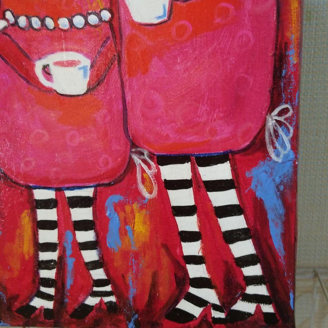 油絵　ロンロンロン　鳥の家族のティータイム