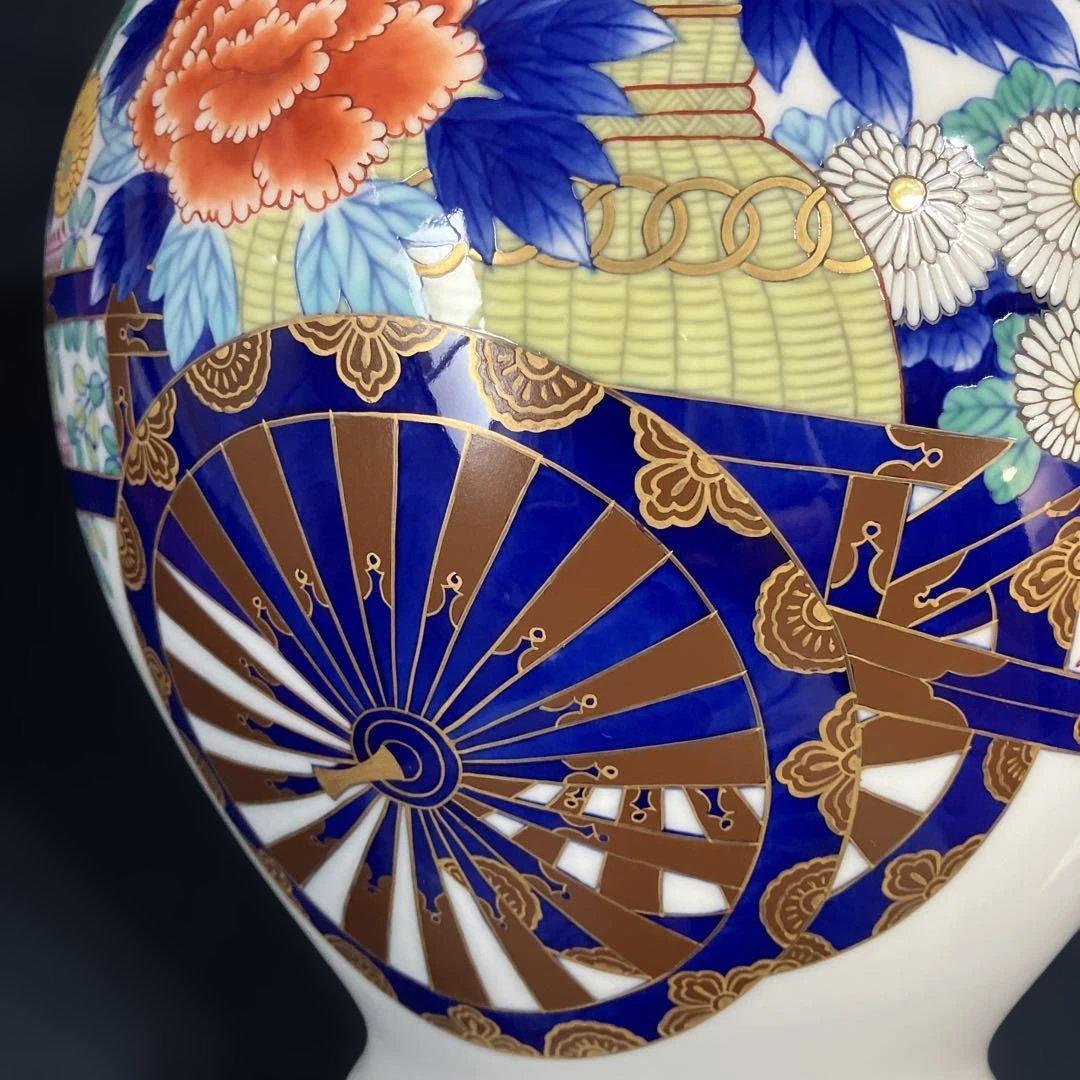 宮内庁御用達香蘭社花瓶「染錦花車」　高級花瓶