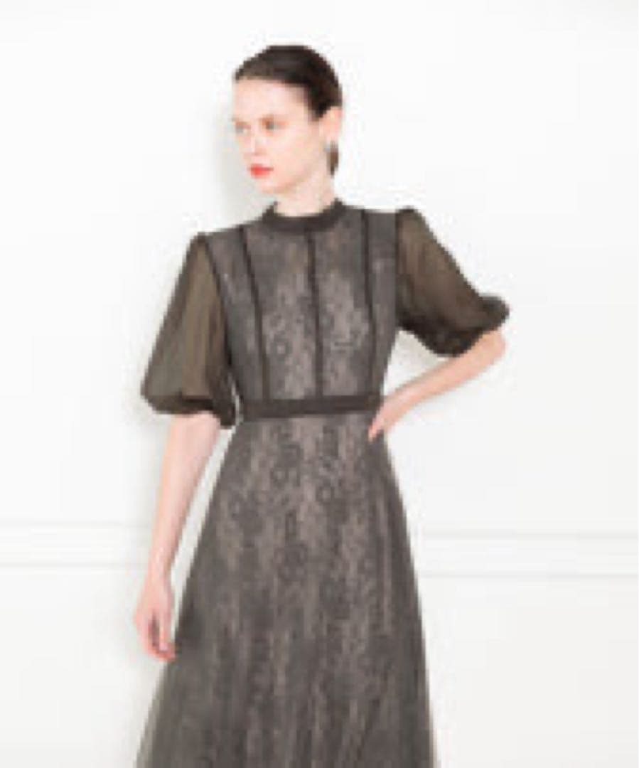 LEJA ハイウエストチュールレースAラインワンピースドレス Mサイズ　グレー