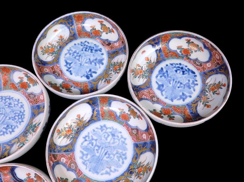 古伊万里　色絵　窓絵　菊に桔梗の図　膾皿　５客　C001AS-CWa