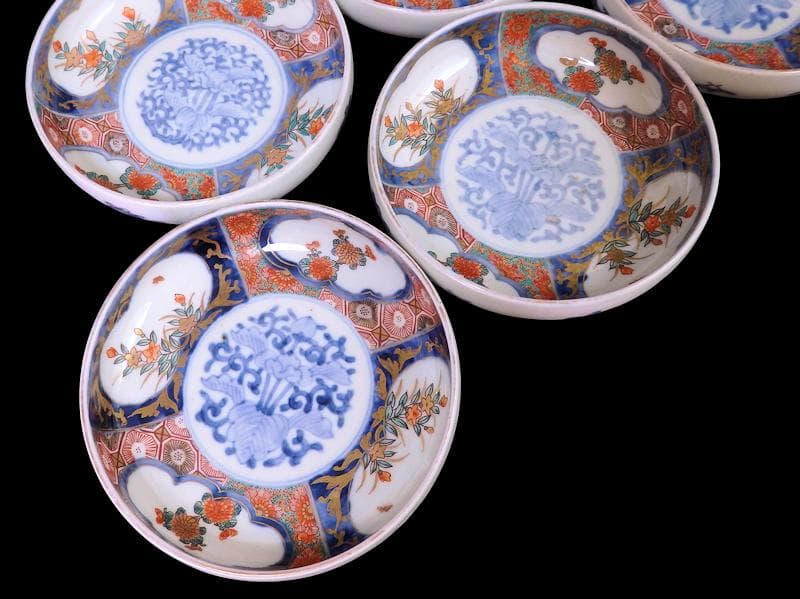 古伊万里　色絵　窓絵　菊に桔梗の図　膾皿　５客　C001AS-CWa