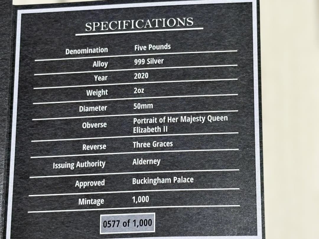 【最高鑑定】オルダニー島発行 2020年 5ポンド銀貨 スリーグレーセス